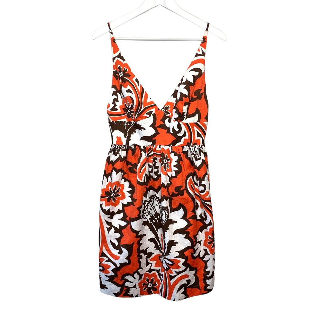Vintage Milly Orange and Brown Pattern Dress Low Back V Neck Sleeveless 8